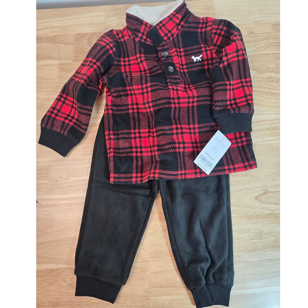 Carters Baby Boy 9M Red Black Plaid Fleece Pullover and Pants Set 229g551